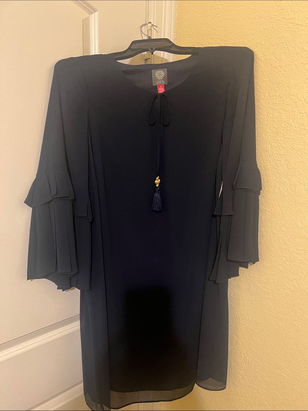 Vince Camuto Navy Layered Bell Sleeve Tassel Tie Dress